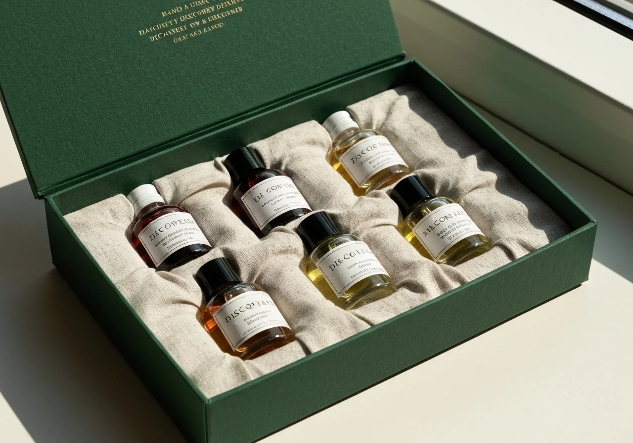 Five discovery decants in a linen-lined gift box
