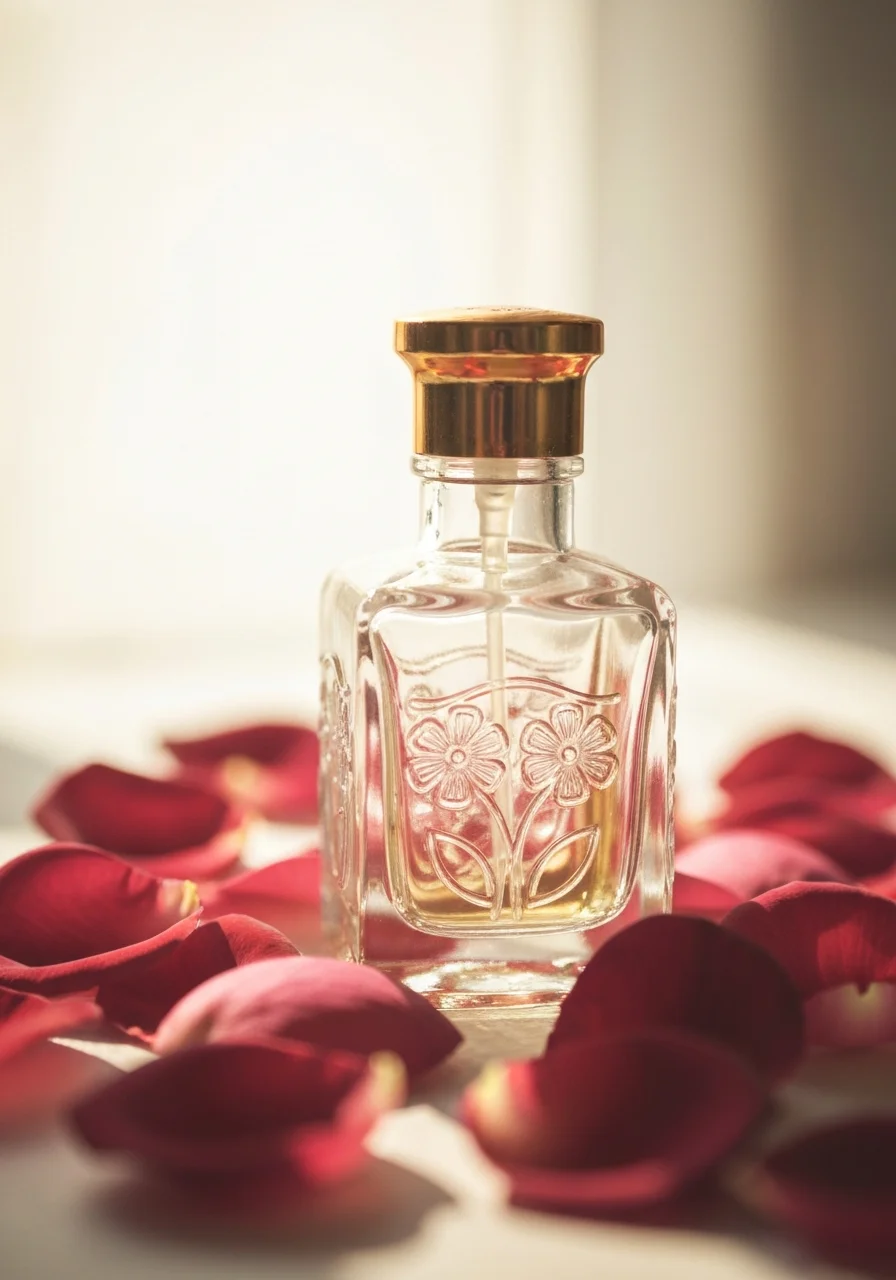 Glass attar bottle with rose petals scattered around it