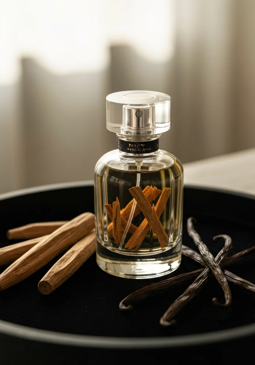 Niche perfume bottle with sandalwood and vanilla pods on velvet tray