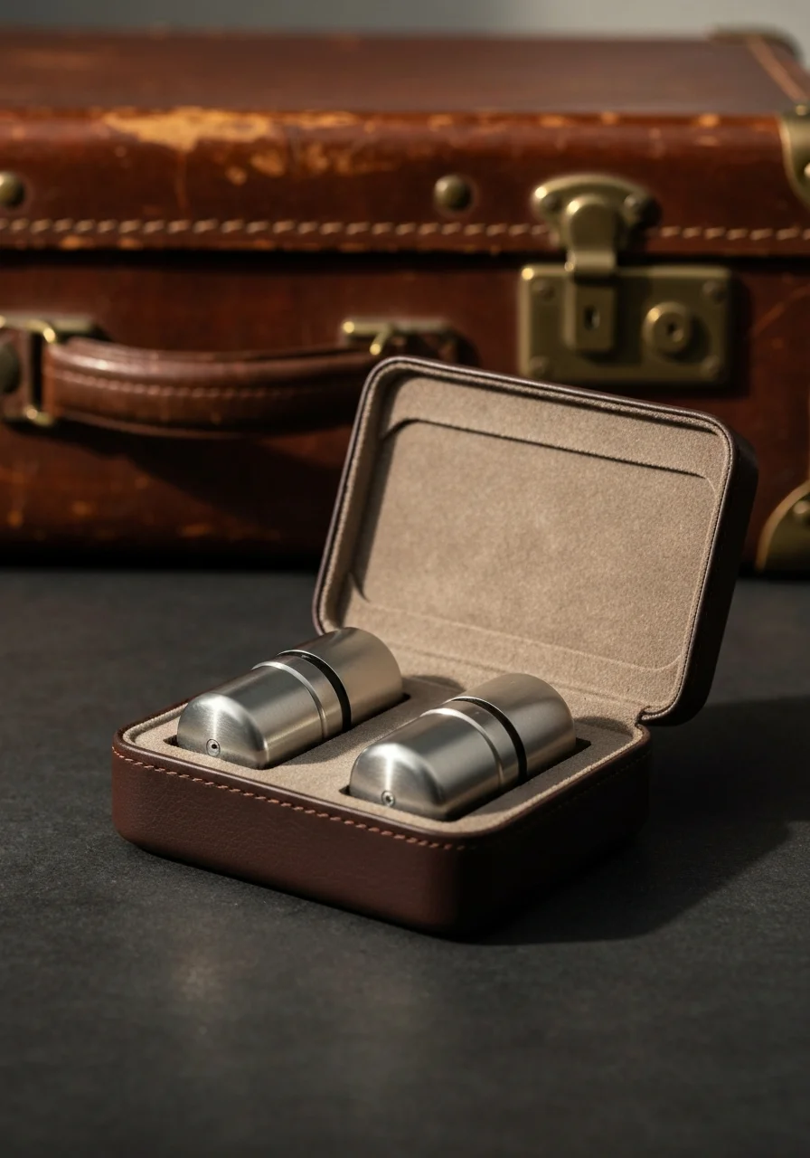 Two travel atomizers in leather case with luggage in the background