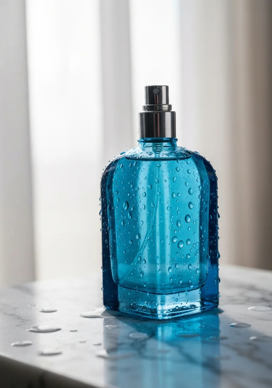 Blue glass cologne bottle on marble with water droplets