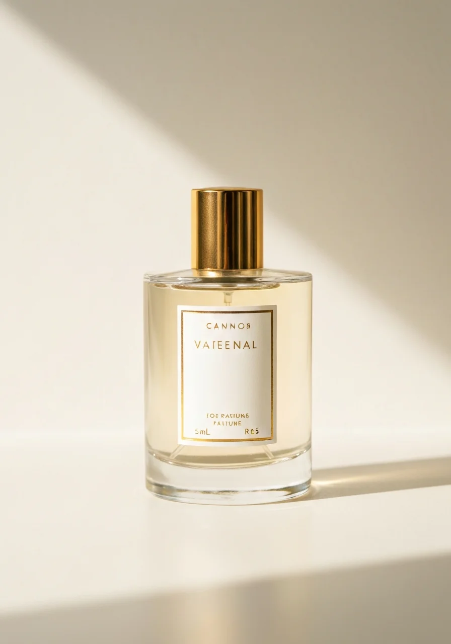 Men's eau de parfum bottle on dresser with leather and wood accents