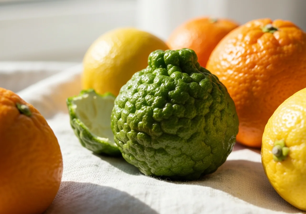 Macro of bergamot peel and morning citrus on linen