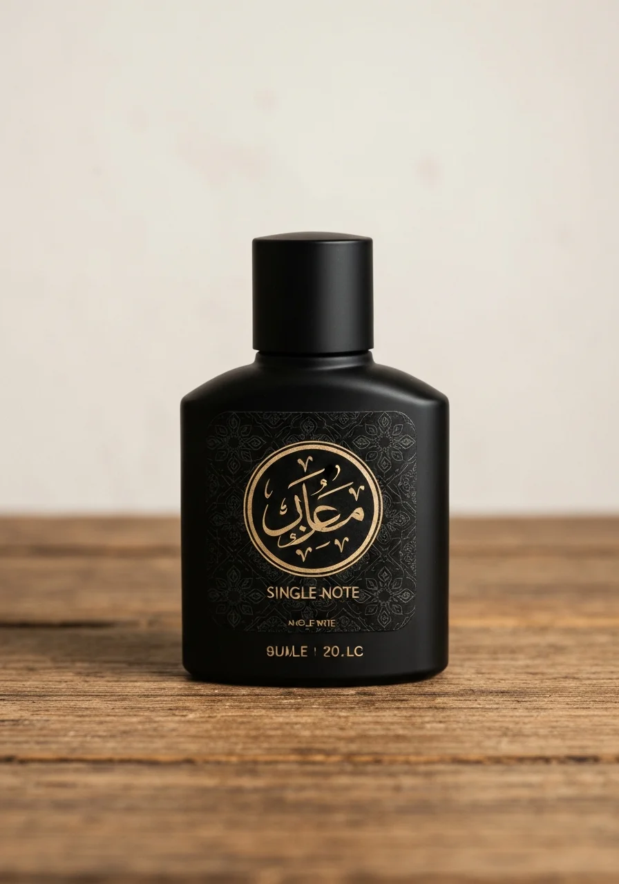 Black bottle of single-note oud perfume in traditional packaging
