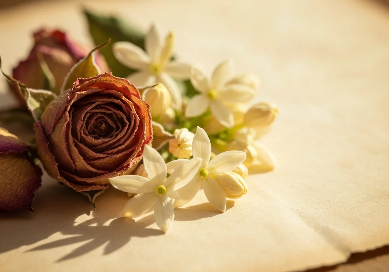 Macro of dried rose petals and jasmine on aged paper