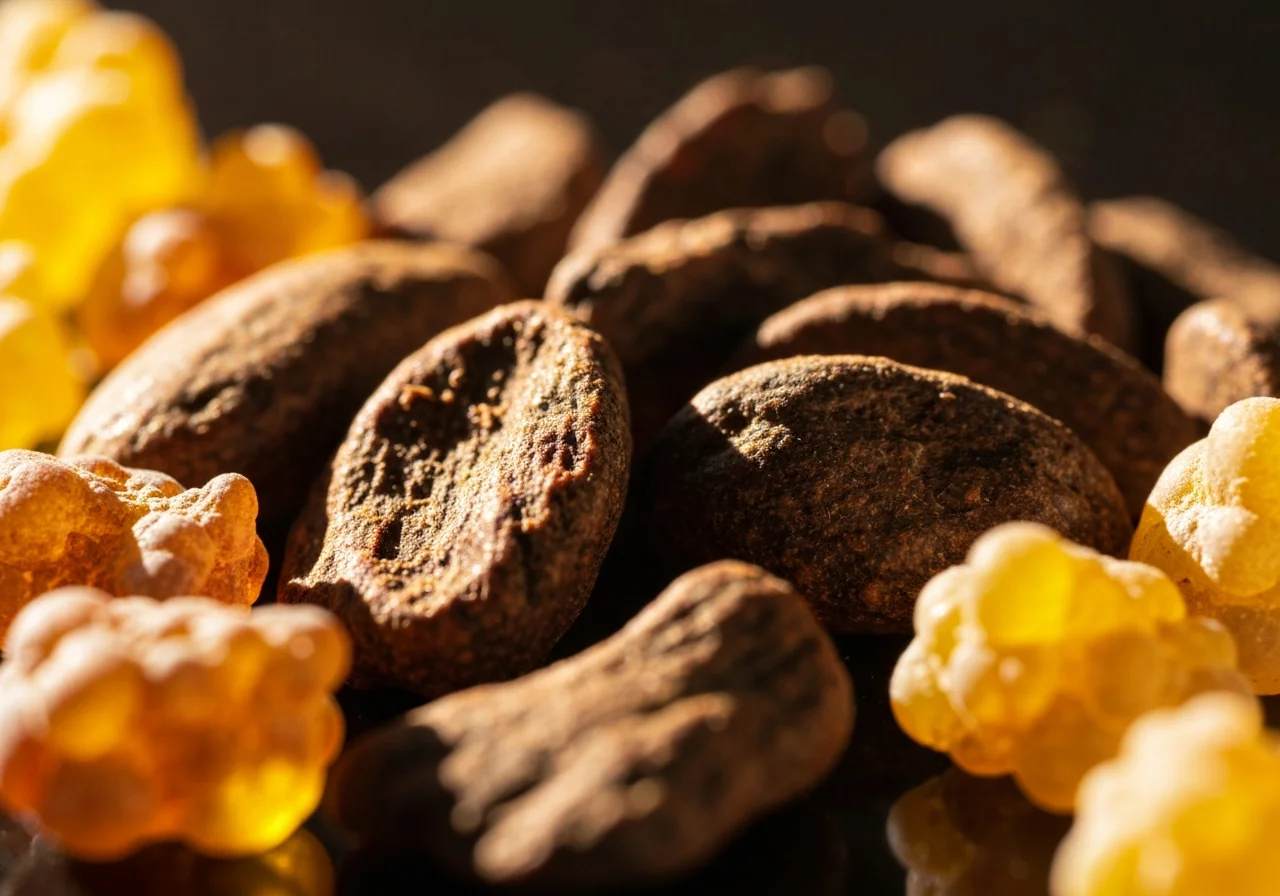 Macro of oud chips and amber resin under tungsten light