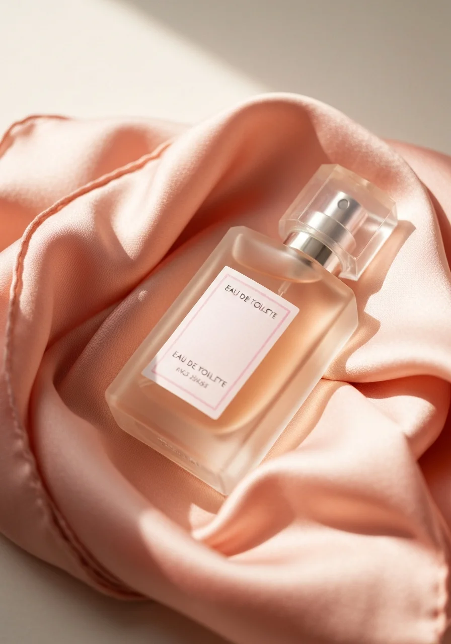 Delicate floral eau de toilette bottle resting on silk scarf