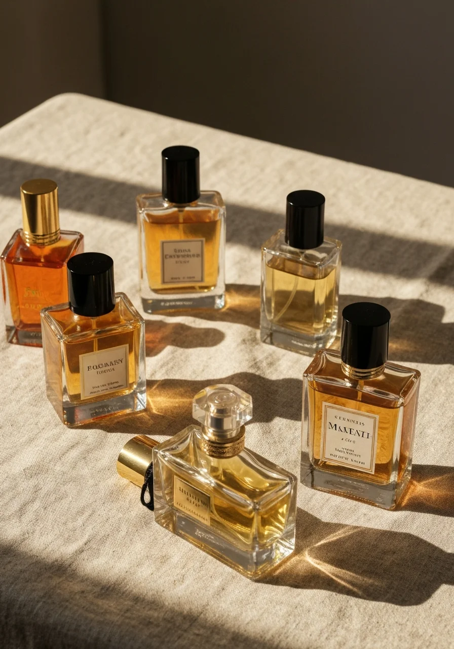 Curated perfume bottles arranged on linen with warm sidelight